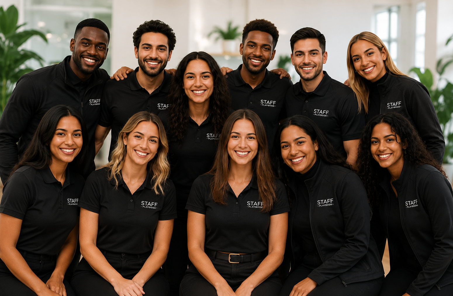The Staff Playbook team — a diverse group of brand ambassadors and event hosts in Staff Playbook branded uniform