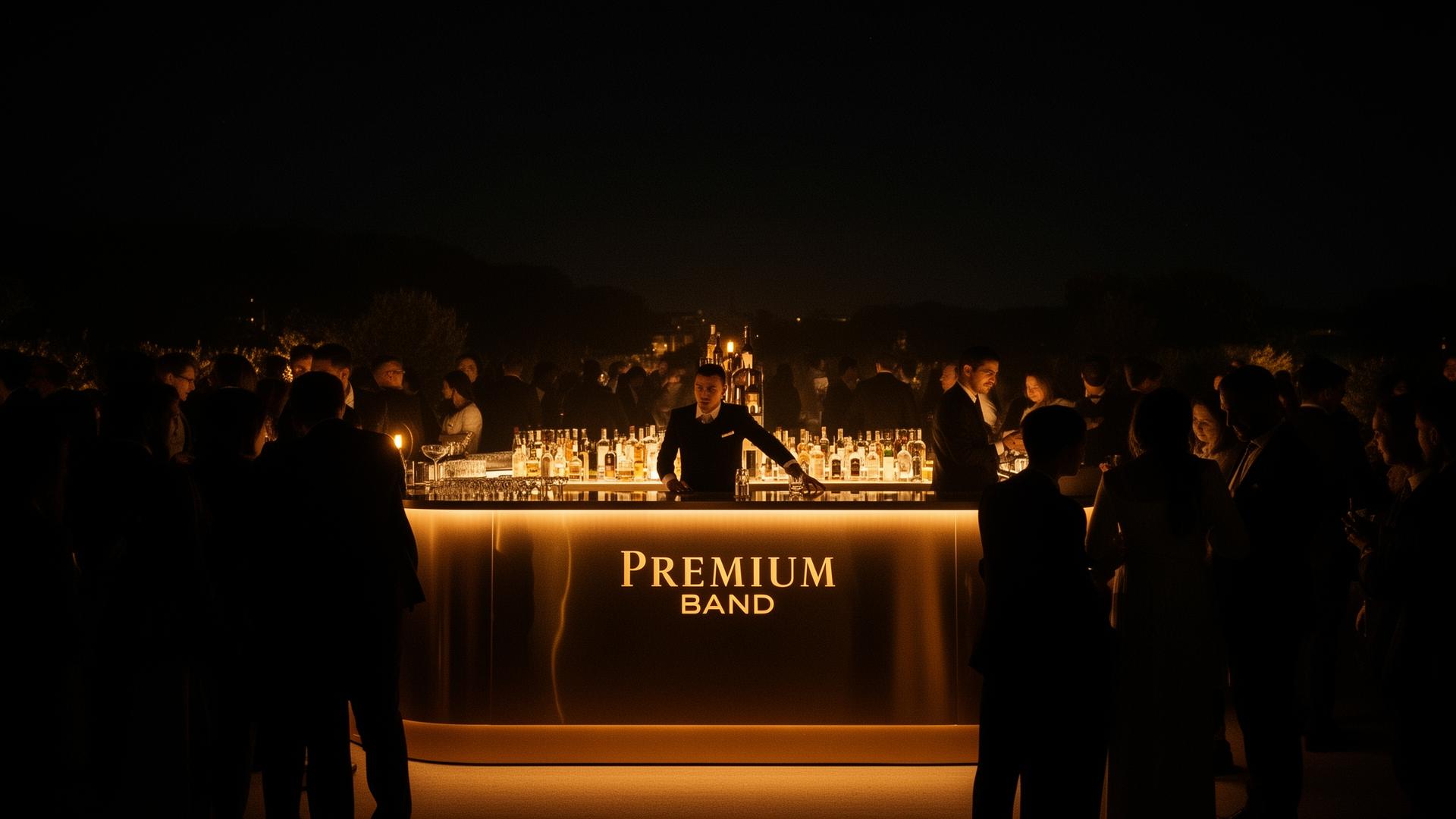 A premium brand activation at night with a lit bar and ambassadors